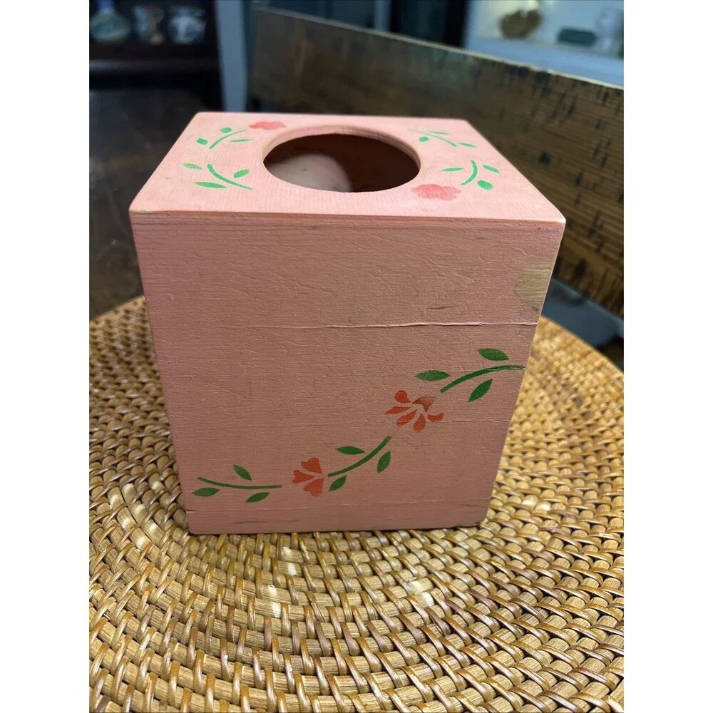Vintage Square Wood Hand Stenciled Tissue Box Cover Primitive Flowers